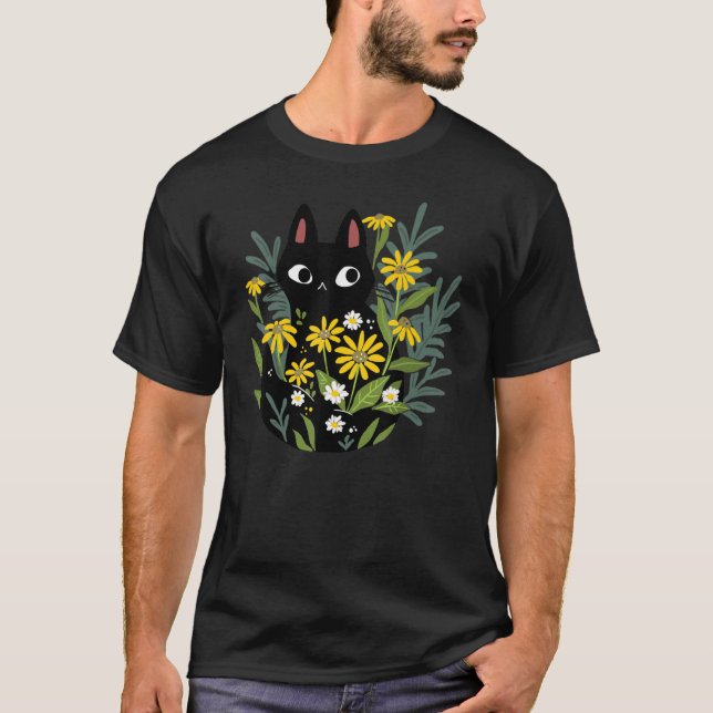 Black Cat With Flowers Daisy Garden Folk Cat T-Shirt (Front)