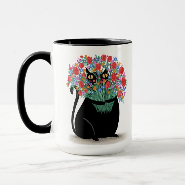 Black Cat with flowers Mug (Left)