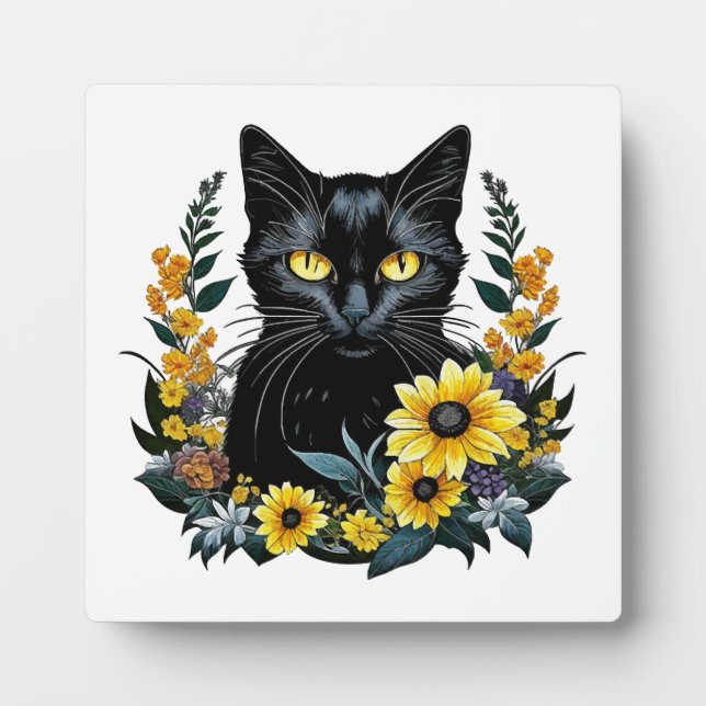 black cat with flowers plaque (Front)