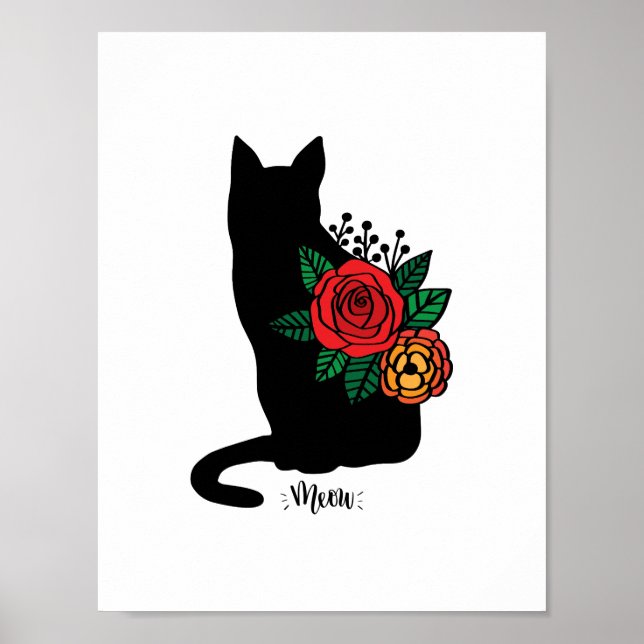 Black Cat With Flowers Poster (Front)
