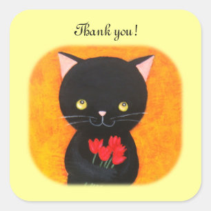 Black Cat with Flowers Thank You Favour Stickers
