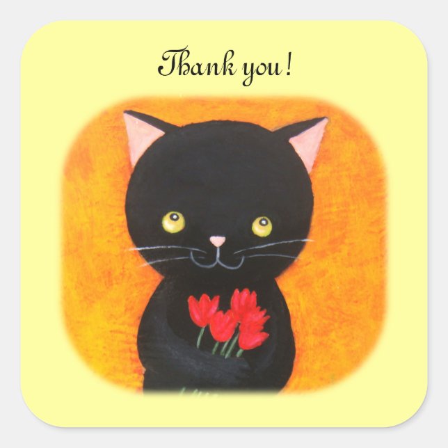 Black Cat with Flowers Thank You Favour Stickers (Front)