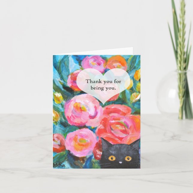Black Cat with Flowers Thank you for being you Card (Front)
