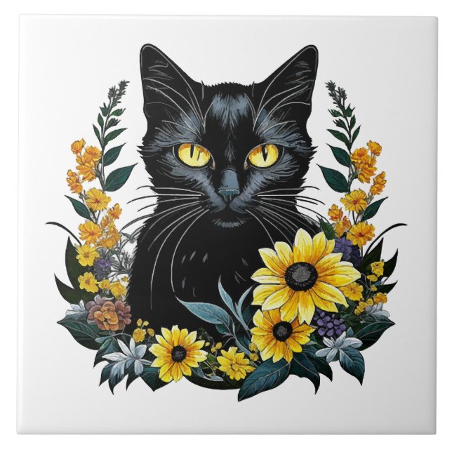 black cat with flowers tile (Front)
