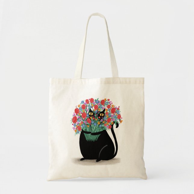 Black Cat with flowers Tote Bag (Front)
