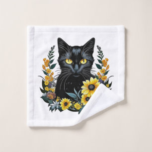 black cat with flowers wash cloth