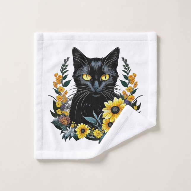 black cat with flowers wash cloth (Wash Cloth)