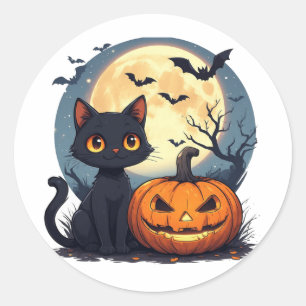 Black Cat With Flying Bats Halloween 🎃 Classic Round Sticker