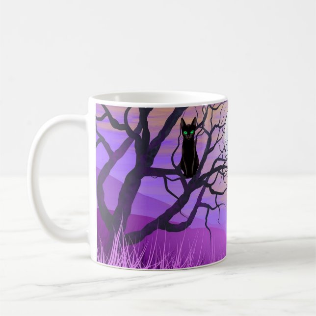 Black Cat with Full Moon and Purple Night Sky Coffee Mug (Left)