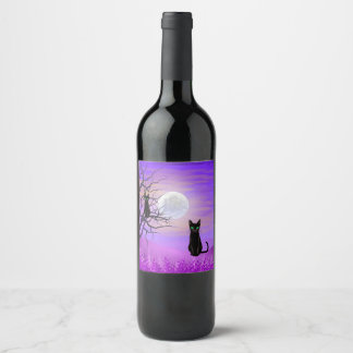 Black Cat with Full Moon and Purple Night Sky Wine Label
