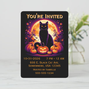Black Cat with Full Moon Halloween Invitation