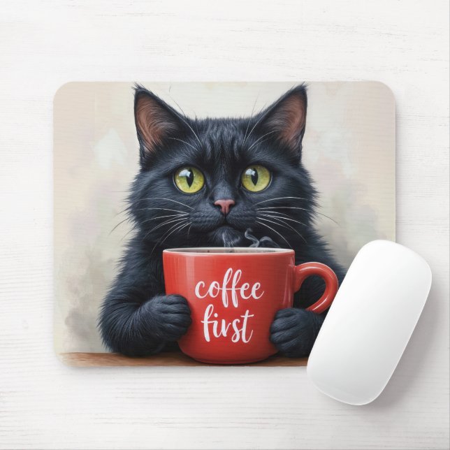 Black Cat With Fun Coffee Mug Quote Mouse Mat (With Mouse)