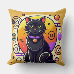 Black Cat With Geometric Patterns Cushion