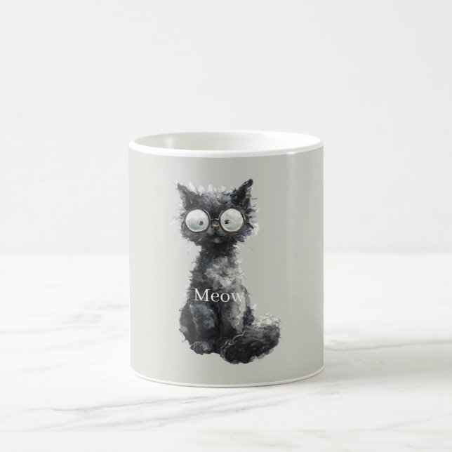 Black Cat with Glasses Coffee Mug (Center)