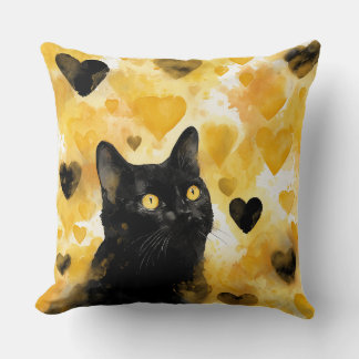 Black Cat with Gold and Black Hearts Cushion
