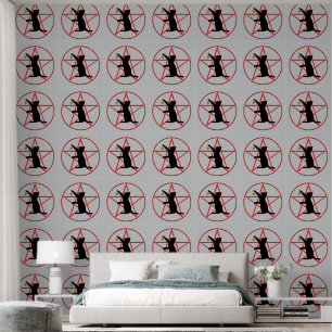 Black Cat With Gold Star Red Pentagram on Grey Wallpaper