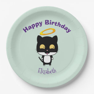 Black Cat With Golden Halo Cute Angel Birthday Paper Plate
