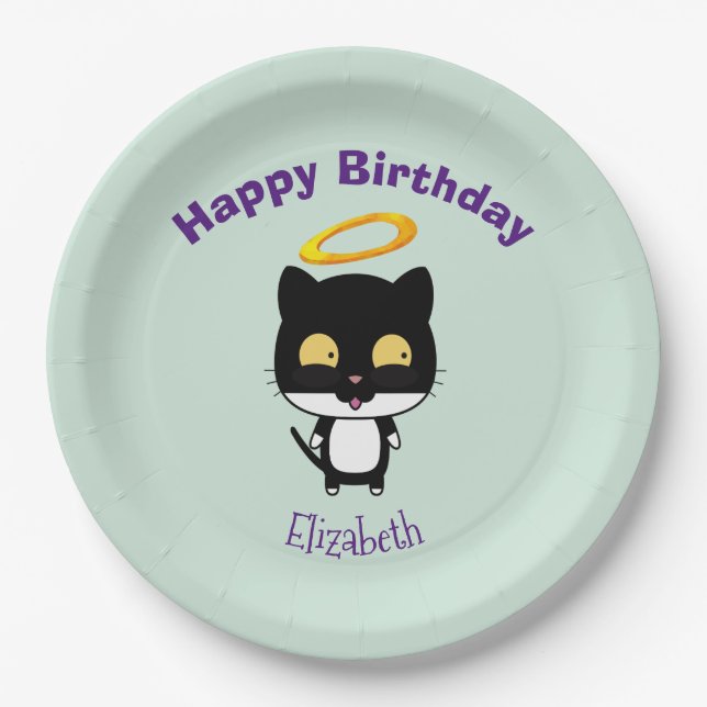 Black Cat With Golden Halo Cute Angel Birthday Paper Plate (Front)