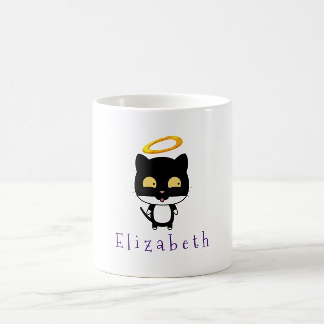 Black Cat With Golden Halo Cute Angel Personalised Coffee Mug (Center)