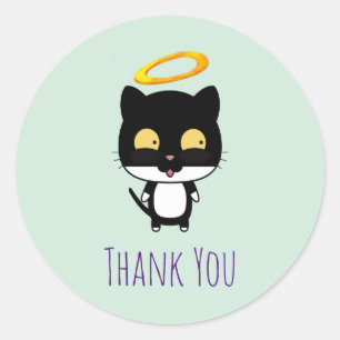 Black Cat With Golden Halo Cute Angel Thank You Classic Round Sticker
