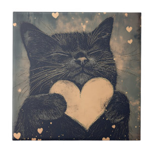 Black Cat with Golden Heart - Cat's Cosy Love Tile