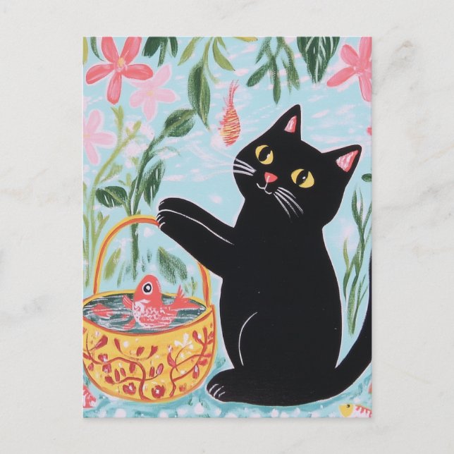 Black Cat with Goldfish  Postcard (Front)