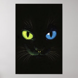 Black cat with Green And Blue Eyes Poster