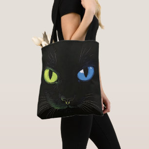 Black cat with Green And Blue Eyes Tote Bag