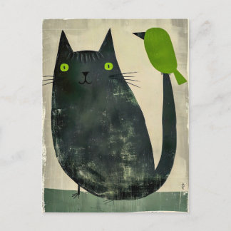 Black Cat with Green Bird on Tail Postcard