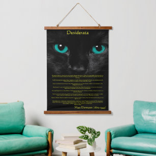 Black cat with green eye looking at you Desiderata Hanging Tapestry