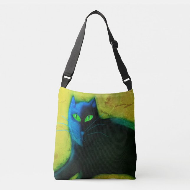 Black Cat with Green Eyes Abstract Art Crossbody Bag (Front)
