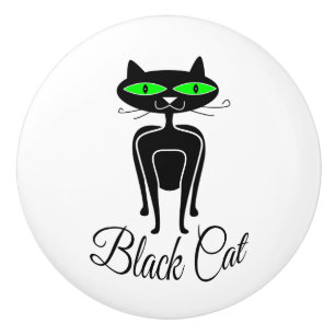 Black cat with green eyes ceramic knob