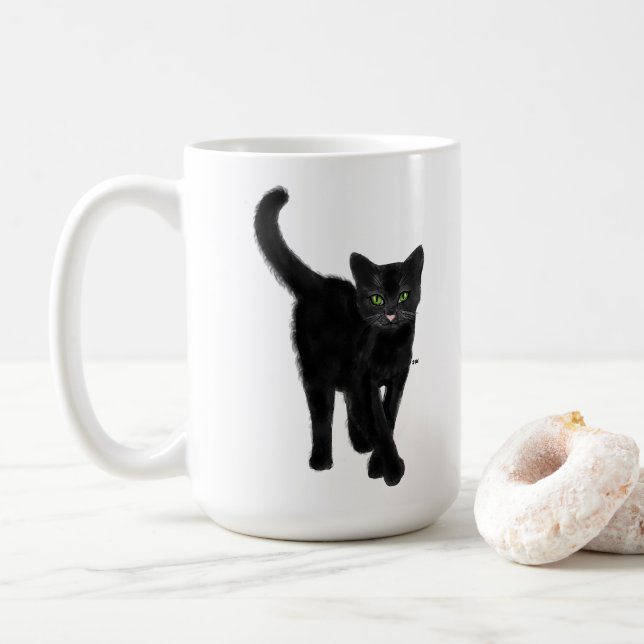 Black Cat with Green Eyes Cute Quote Coffee Mug (With Donut)