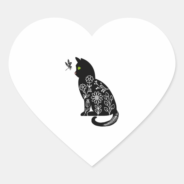 Black cat with green eyes heart sticker (Front)