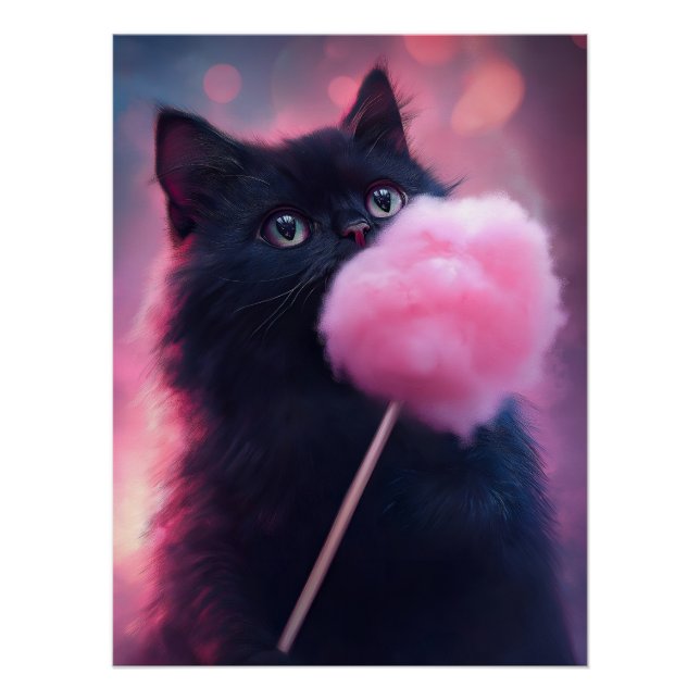 Black cat with green eyes is holding cotton candy poster (Front)
