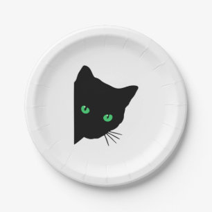 black cat with green eyes paper plate