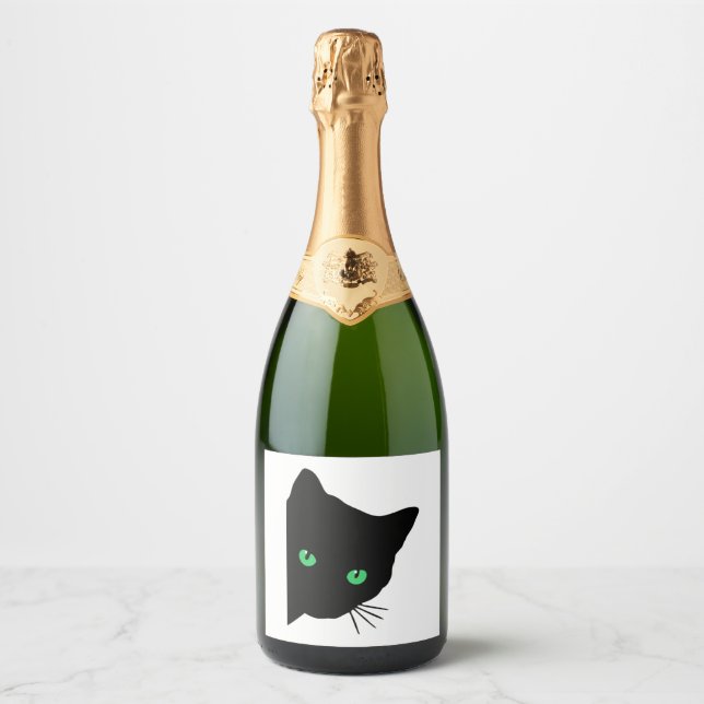 black cat with green eyes   sparkling wine label (Front)