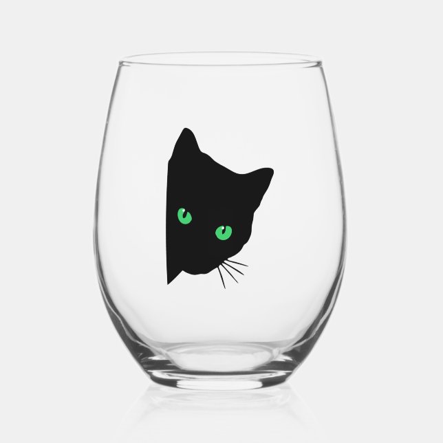 black cat with green eyes   stemless wine glass (Front)