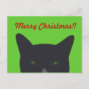 Black cat with green, Merry Christmas network Holiday Postcard