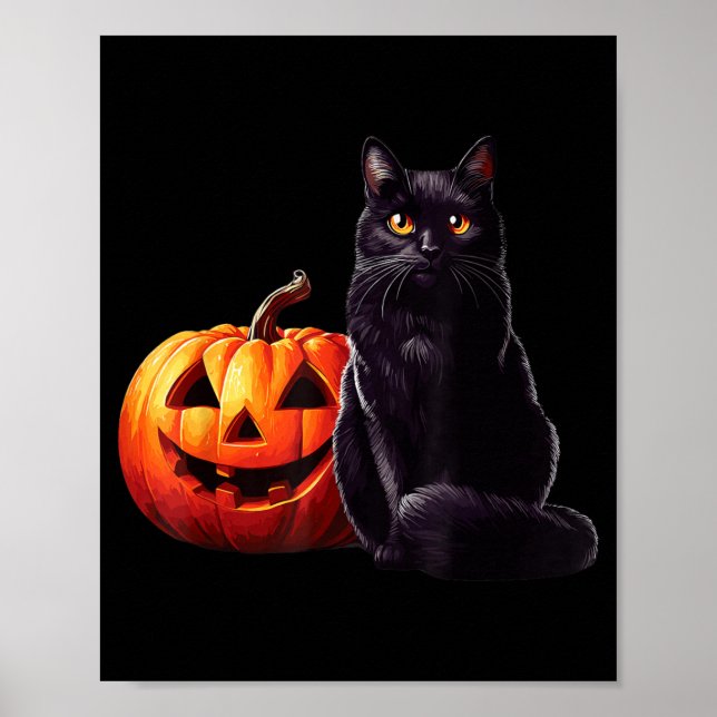 Black Cat With Halloween Pumpkin Poster (Front)