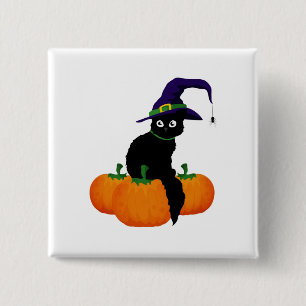 Black Cat With Hat And Pumpkins  for Halloween 15 Cm Square Badge