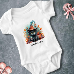 Black Cat With Hat Custom Name Halloween Baby Bodysuit