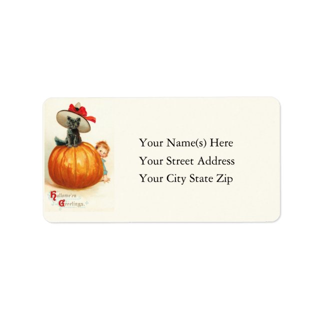 Black Cat With Hat on Pumpkin Address Label (Front)