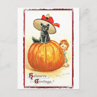 Black Cat with Hat Vintage Halloween Postcard