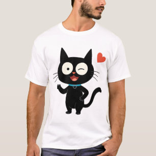 Black Cat with Heart Cartoon T-Shirt