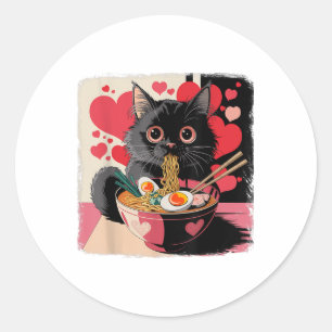 Black Cat With Heart Eating Ramen Noodles On Valen Classic Round Sticker