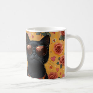 Black Cat With Heart Roses Valentine's Day  Coffee Mug