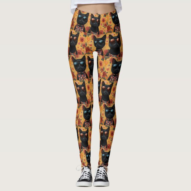 Black Cat With Heart Roses Valentine's Day  Leggings (Front)