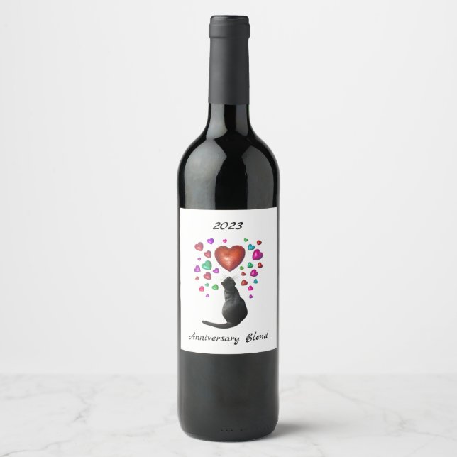 Black Cat with Hearts Wine Labels (Front)