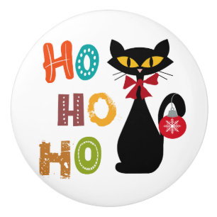 Black cat with Ho Ho Ho text design Ceramic Knob